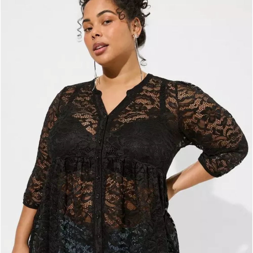 Babydoll Sheer Lace Button Down Tunic Top